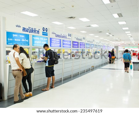 BANGKOK, THAILAND - DECEMBER 2 : Ticket counters at Bangkok Bus Terminal (Sai Tai Mai) on December 2, 2014 in Bangkok, Thailand. Bangkok Bus Terminal is the largest bus station in Thailand.