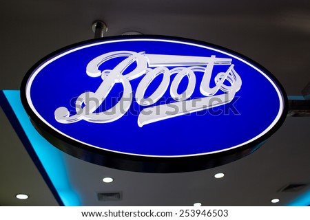 BANGKOK, THAILAND - FEBRUARY 10: Logo of Boots pharmacy store on February 10, 2015 in Bangkok, Thailand. The Boots pharmacy chain has over 3,300 stores in 21 countries.