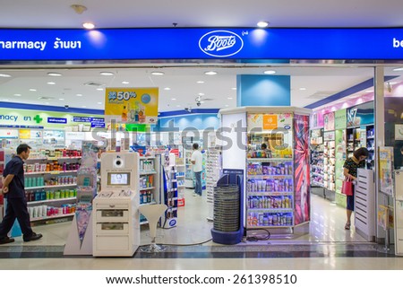 BANGKOK, THAILAND - MARCH 16 : Exterior view of Boots pharmacy store on March 16, 2015 in Bangkok, Thailand. The Boots pharmacy chain has over 3,300 stores in 21 countries.
