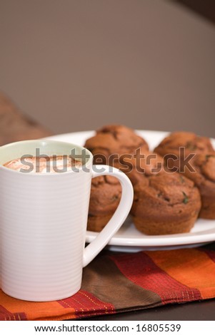 A cup of foaming hot chocolate and chocolate mint muffins