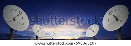 Telecom satellite array and sunset Panoramic background