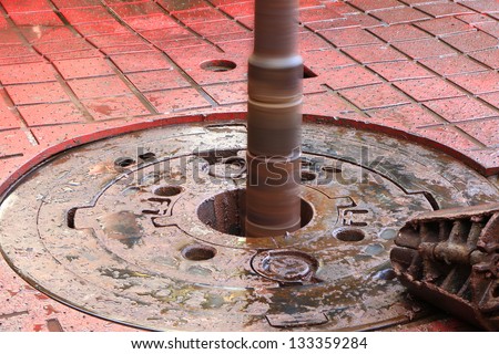 Rotary table while drilling oil well and pipe being rotated and a slip on the floor