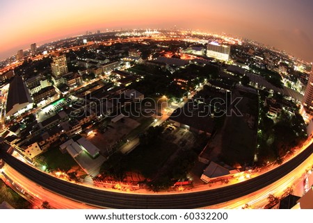 Bangkok City at Twilight Time with Fish Eye Perspective