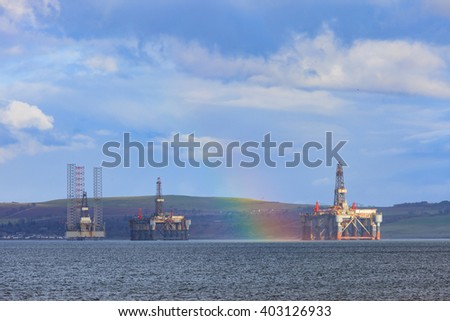 Semi Submersible Oil Rig with rainbow after Raining at Cromarty Firth in Invergordon, Scotland