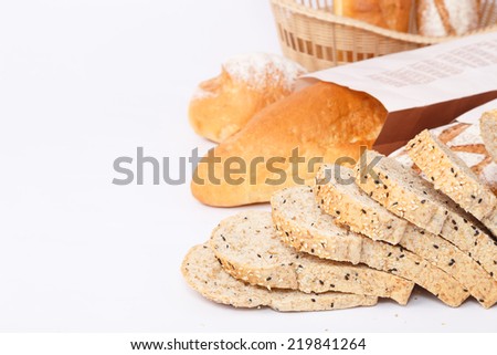 bread  in bag and bread slice isolated on white background