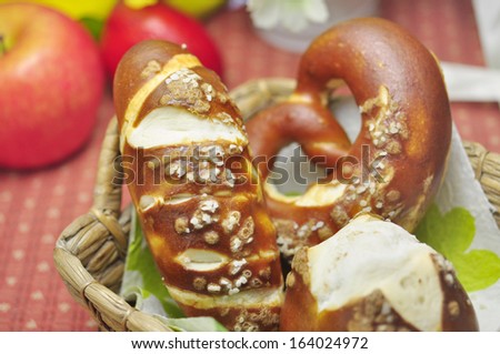 detail of some german lye rolls and bread roll