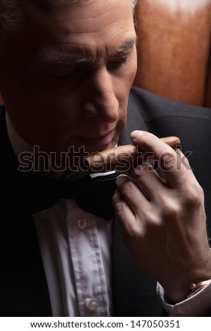 Man smelling a cigar. Close-up of confident mature businessman smelling a cigar