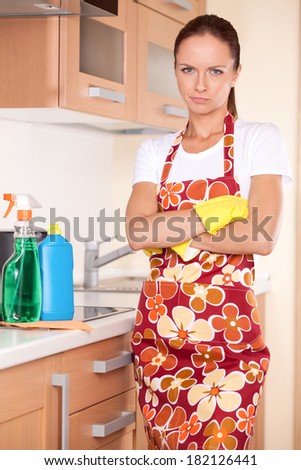 Beautiful young brunette cleaning kitchen. serious girl standing in apron and folded hands