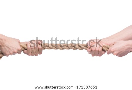 Tug-of-war. Two people pulling a rope in opposite direction isolated on white background.