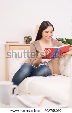 beautiful brunette sitting on sofa and reading. young woman reading book and smiling