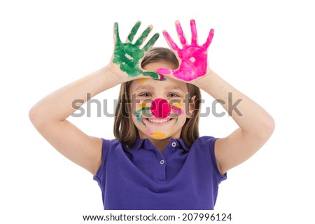cute little girl playing with paint. small kid showing hands and smiling