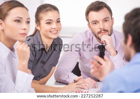Group of young business people talking on business meeting. business man and woman working on meeting in office