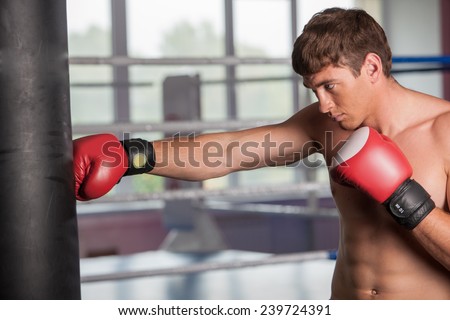 Boxer doing some training on punching bag at gym. Young caucasian boxer training with punching bag in gym