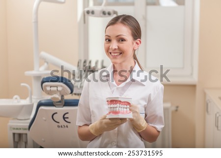 Smiling dentist woman with teeth model. Dental health care clinic and smiling female.