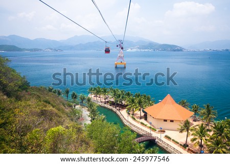 One of the world\'s longest cable car, leading to Vinpearl Amusement Park, view from cabin.  Nha Trang, Vietnam.