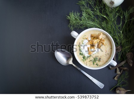 Mushroom soup with dill and croutons.