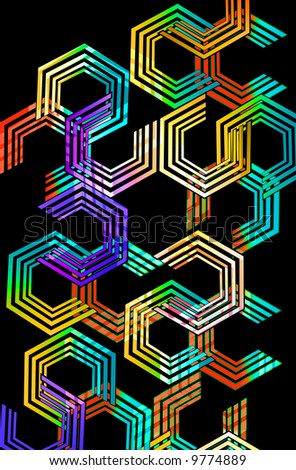 80\'s pop art multi ring octogon geometric design with neon fluorescent color fill