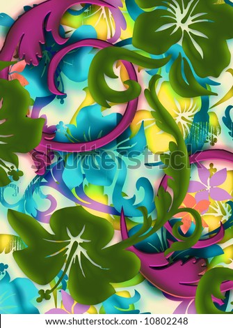 Tropical hawaiian floral batik design with soft illuminating colors and shading.