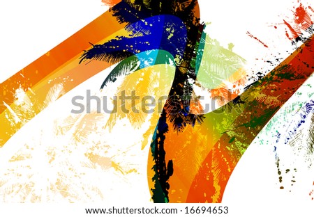 retro surf wave stripe scenic with graffitti style palm trees and paint splatters
