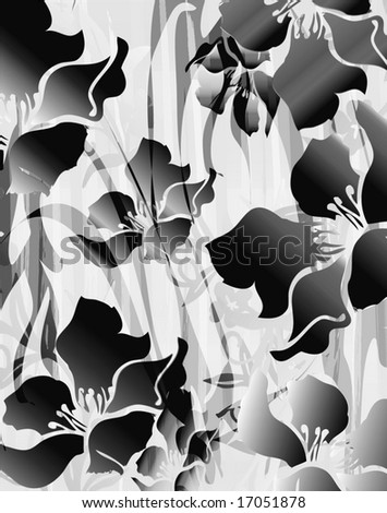 abstract tropical floral print with distorted zebra like striped wallpaper ground and glowing grayscale gradient color