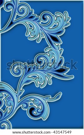 ornate leaf scroll frame design with 3-D shadowing and multiple color overlays.