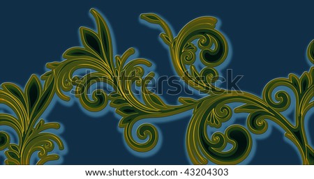 horizontal ornate leaf scroll frame swirl design with illuminating colors and overlays.