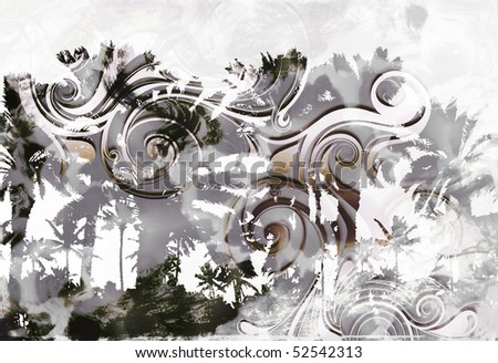 tropical island palm tree scenic with overlaying tribal scroll tattoo burnout and distressed texture