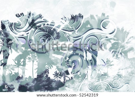  tropical island palm tree scenic with overlaying tribal scroll tattoo 
