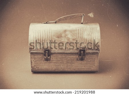 Antique aluminum lunch box.  Vintage filter with dust and scratches.