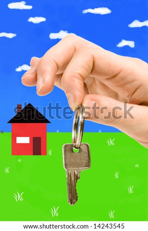 close up of a person\'s hand, handing over a key.  Focus on the key. Isolated on a white background.