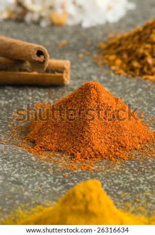 colorful piles of ground spices on grey background