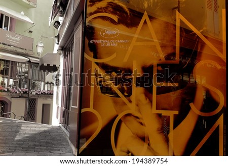 CANNES, FRANCE-MAY 17: the poster for the 67th International Film Festival shown on may 17, 2014 in Cannes, France. The artist chosen for this year is Italian actor Marcello Mastroianni.