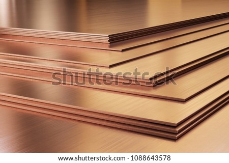 Copper sheets. Rolled metal products, close-up. 3d illustration.