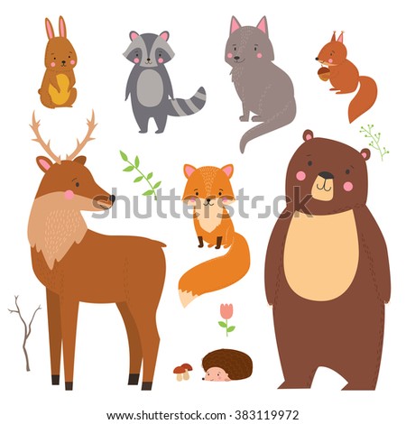 Set of cute illustration of  woodland animals isolated on white background. Animals for design posters, card, postcard, wallpaper in children room or fabric
