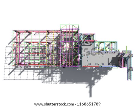 BIM model of a building made of metal construction, metal structure. 3D architectural, construction, industrial and engineering background. 3D rendering. Isolated.