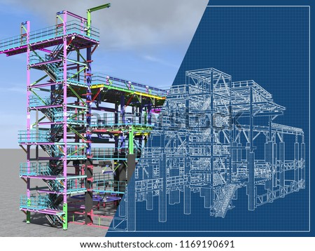 BIM model of a building made of metal construction, metal structure. 3D architectural, construction, industrial and engineering background. 3D rendering. Drawing blueprint.