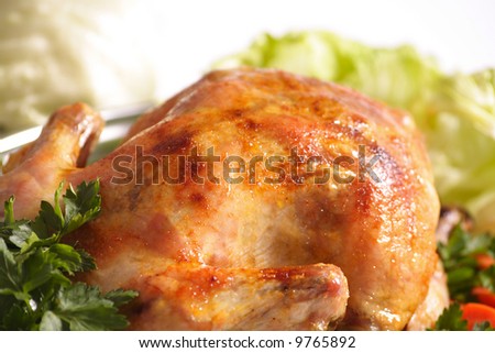 Tasty Crispy Roast Chicken on plate