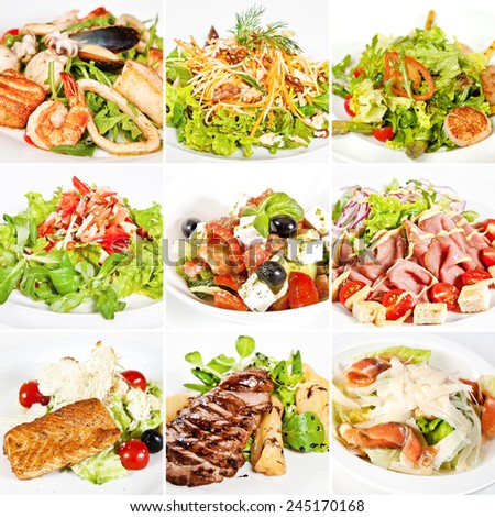 Various salads collage including warm salads, mix salads, vegetable salad, greek salad and caesar salads