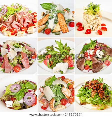 Various salads collage including mix salads, salad with roast beef, caesar salads, vegetable salad with feta cheese and olivier salad