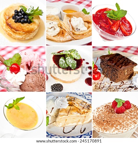 Various desserts collage including cheesecakes, sweet pancakes, ice cream, mango sorbet, american apple pie, tiramisu and chocolate brownie