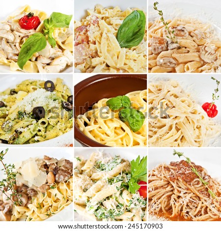 Various pasta collage including fettuccine with mushrooms, penne pasta, linguine pasta, tagliatelle, spaghetti Carbonara and spaghetti Bolognese