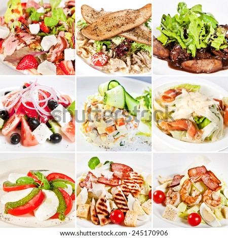 Various salads collage including salad with duck breast, warm salads, greek salad, capital salad, caesar salads and caprese salad