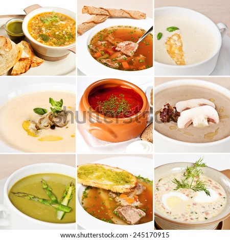 First courses collage including vegetable minestrone, creamy cheese soup, potato soup, mushroom soup, asparagus soup, okroshka, bread soup with veal and ukrainian borsch