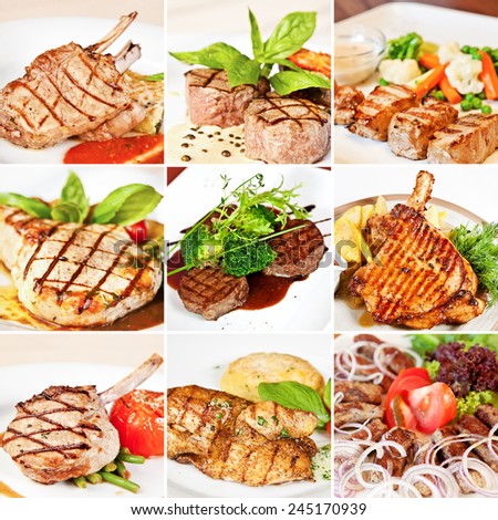 Grill menu collage including grilled veal and pork chops, chicken, veal medallions with vegetables, mutton kebab and pork shashlik