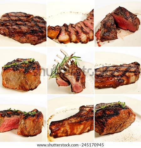 Grilled meat collage including new york steak, pork brisket, medium rare beef steak, filet mignon, rack of lamb, pork tenderloin, cowboy rib eye steak and beef fillet chateau