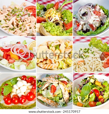 Various salads collage including mix salads, taco salad, greek salad, caesar salads, caprese salad and coleslaw salad