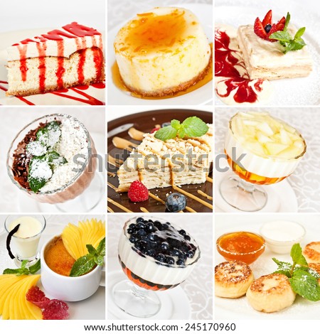 Various desserts collage including cheesecakes, napoleon cakes, tiramisu with grated chocolate, jelly desserts, cottage cheese pancakes and creme brulee