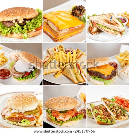 Burgers and sandwiches collage including burgers with beef, burger with salmon, clubhouse sandwiches, sandwich with roast beef and bruschetta with spicy vegetables