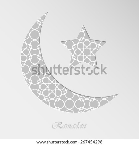 Crescent moon and star on paper background with geometric islamic wallpaper pattern for holy month of muslim community Ramadan Kareem Crescent moon and star on paper background with geometric islamic wallpaper pattern for holy month of muslim community Ramadan Kareem