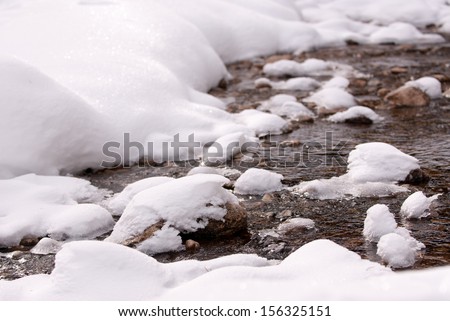 Water run over some rocks by a bed of snow